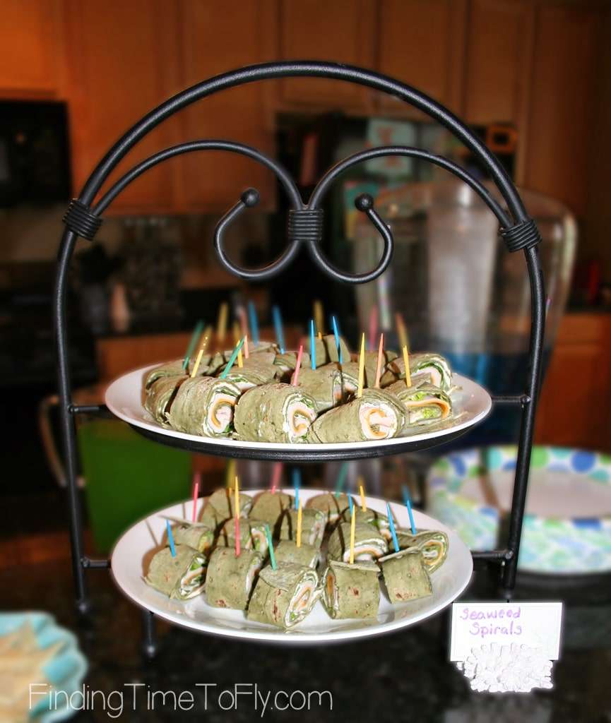 Seaweed Spiral finger sandwiches for Mermaid Under the Sea birthday party. 