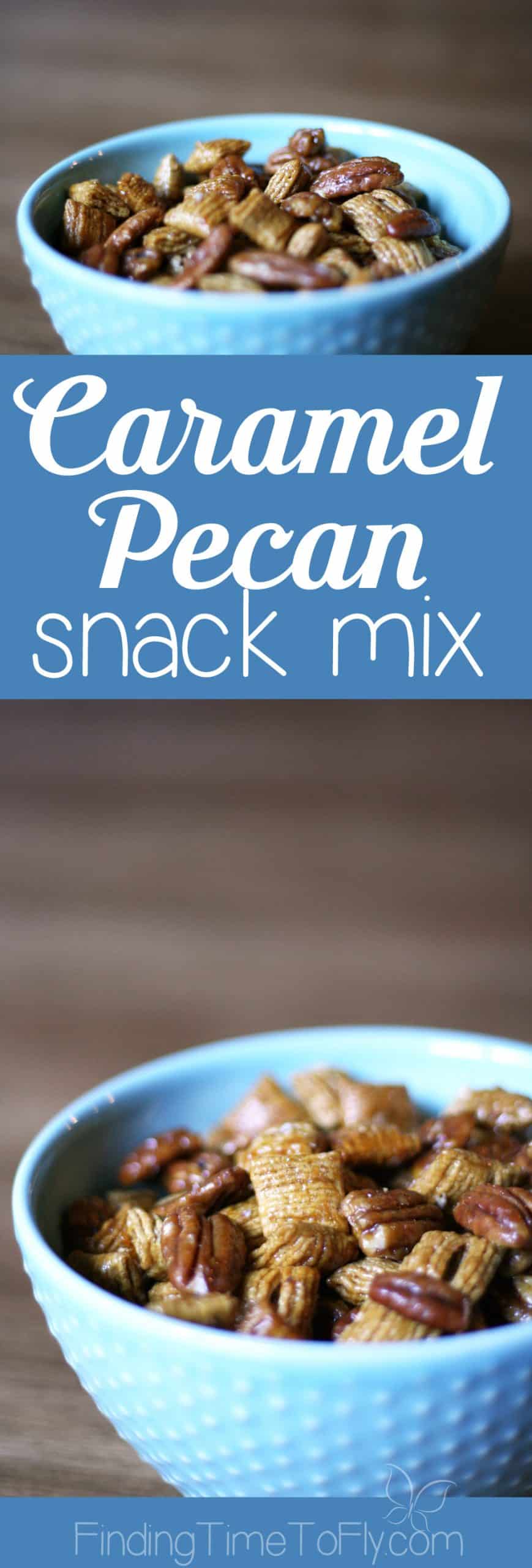 Caramel Pecan Snack Mix makes a great gift for teachers or neighbors. Quaker Oatmeal Squares cereal and pecan halves coated in a caramel glaze. Yum!