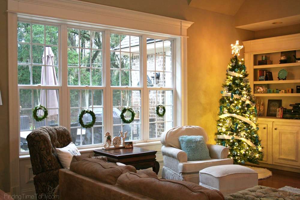 Blue and White Coastal Christmas Living Room