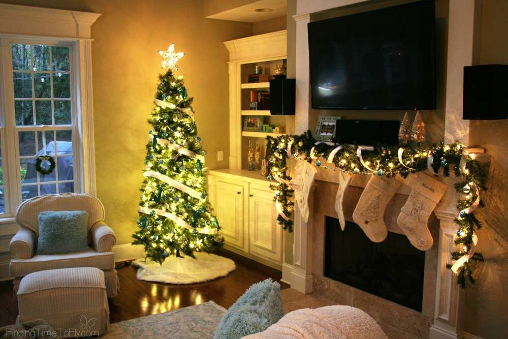 Blue and White Coastal Christmas Living Room