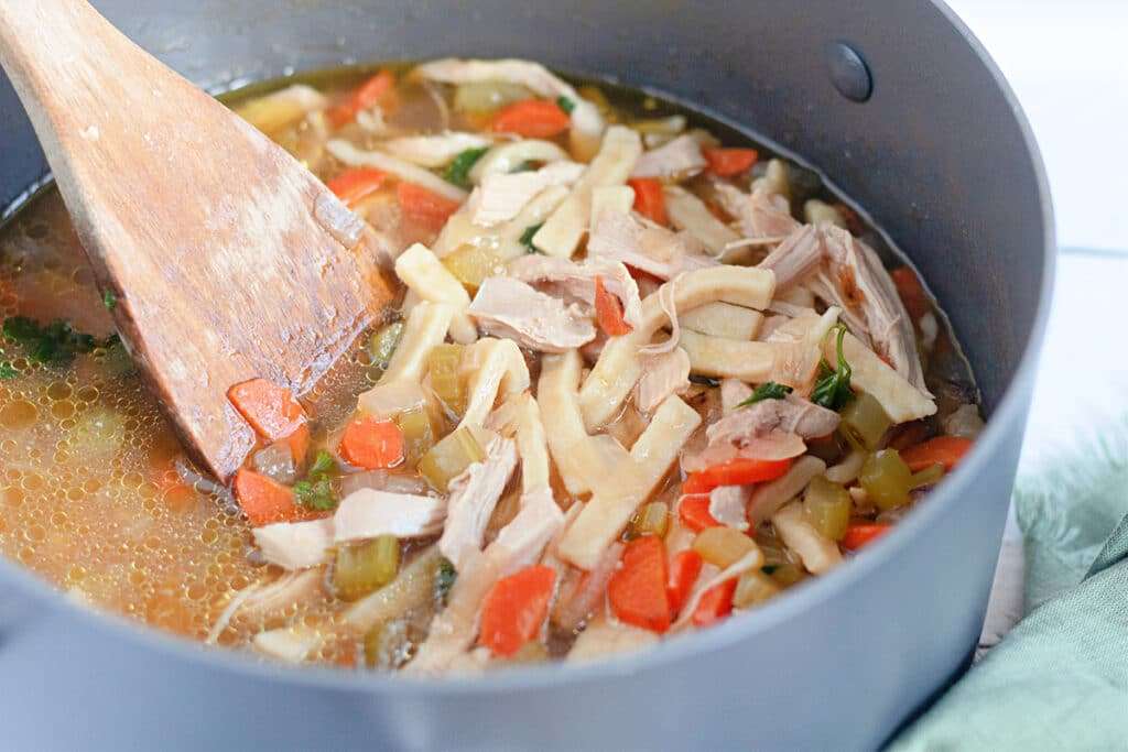 Chicken noodle soup in a dutch oven