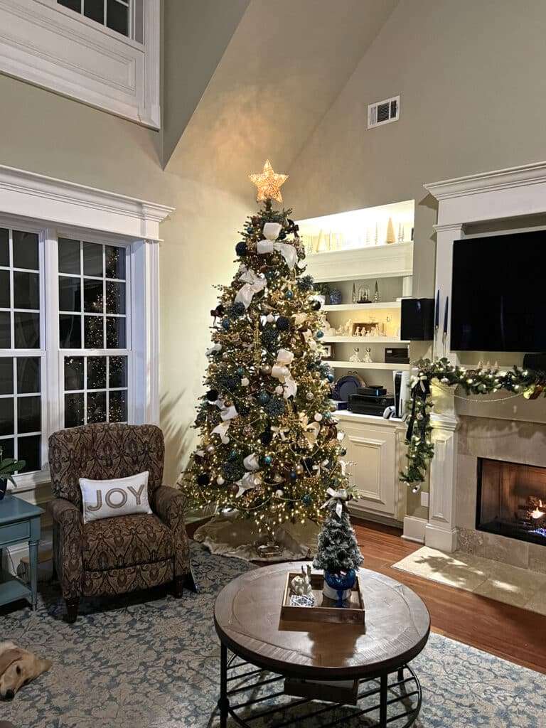 Blue and Bronze Christmas Decorations in the living room