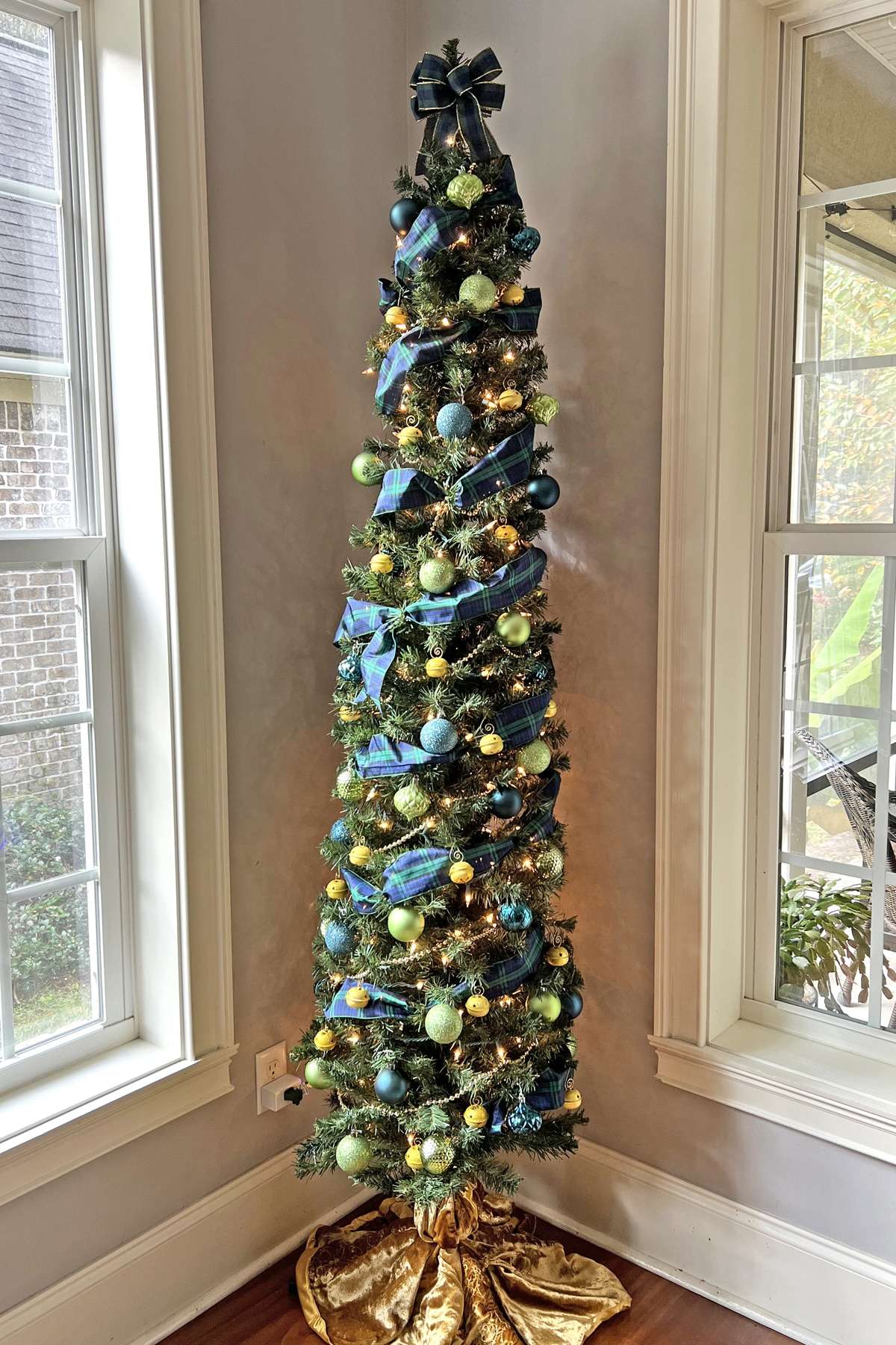 blue green gold Christmas kitchen tree