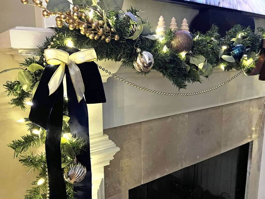 Blue and Bronze Christmas Decorations on the mantle