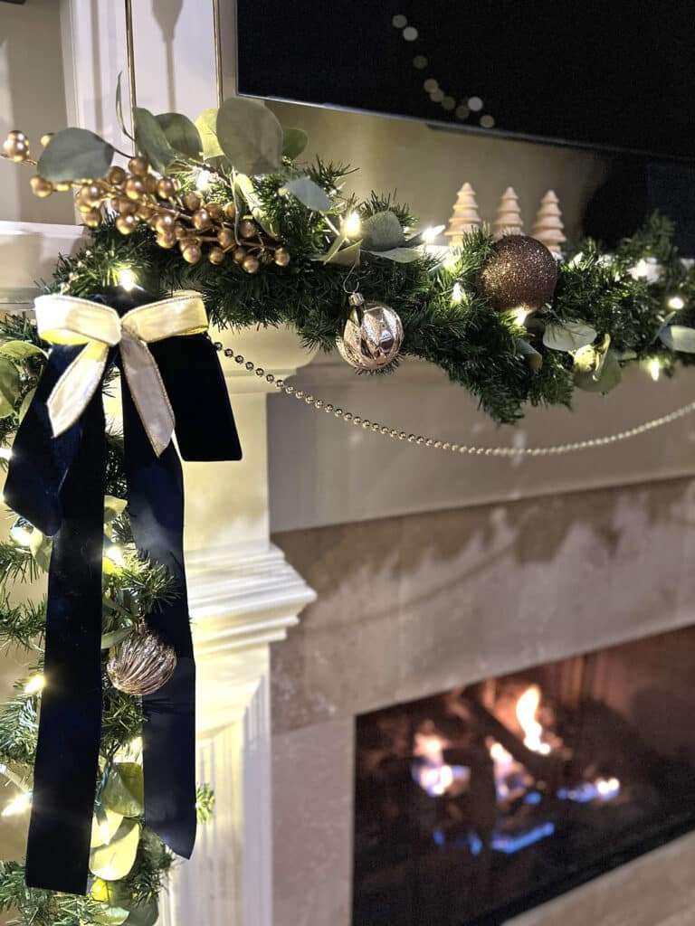 Blue and Bronze Christmas Decorations on the mantle