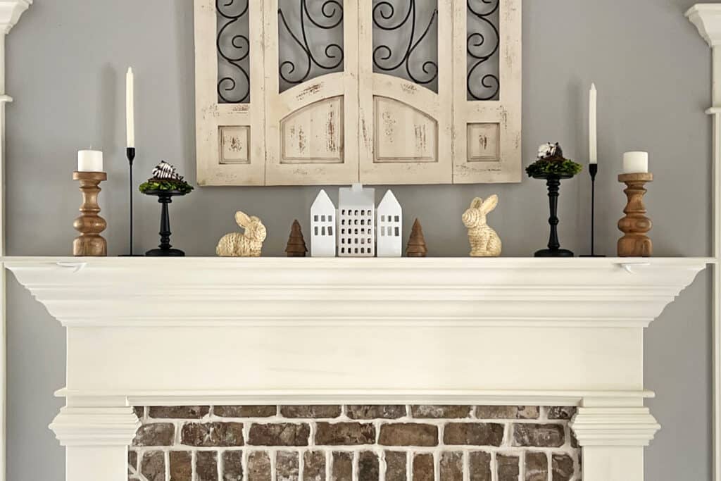 Closeup of the Green and Black Spring fireplace mantle