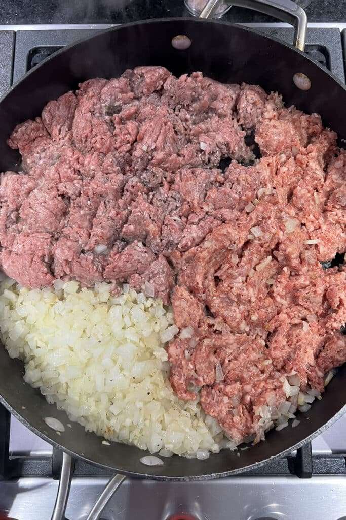 Add ground beef and Italian sausage