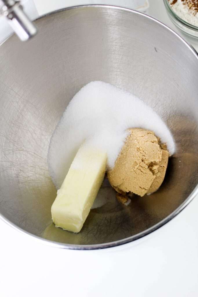 Combine softened butter and both sugars