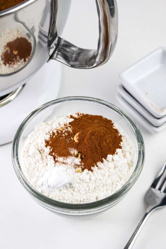 Combine flour, baking soda, baking powder, and spices