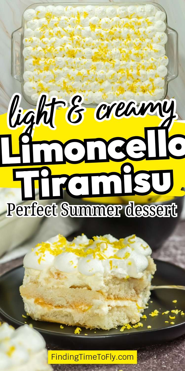 A pan of Limoncello Tiramisu, a no-bake lemon dessert featuring layers of sponge cake and whipped cream, is shown alongside a slice on a plate and a bowl of lemons.