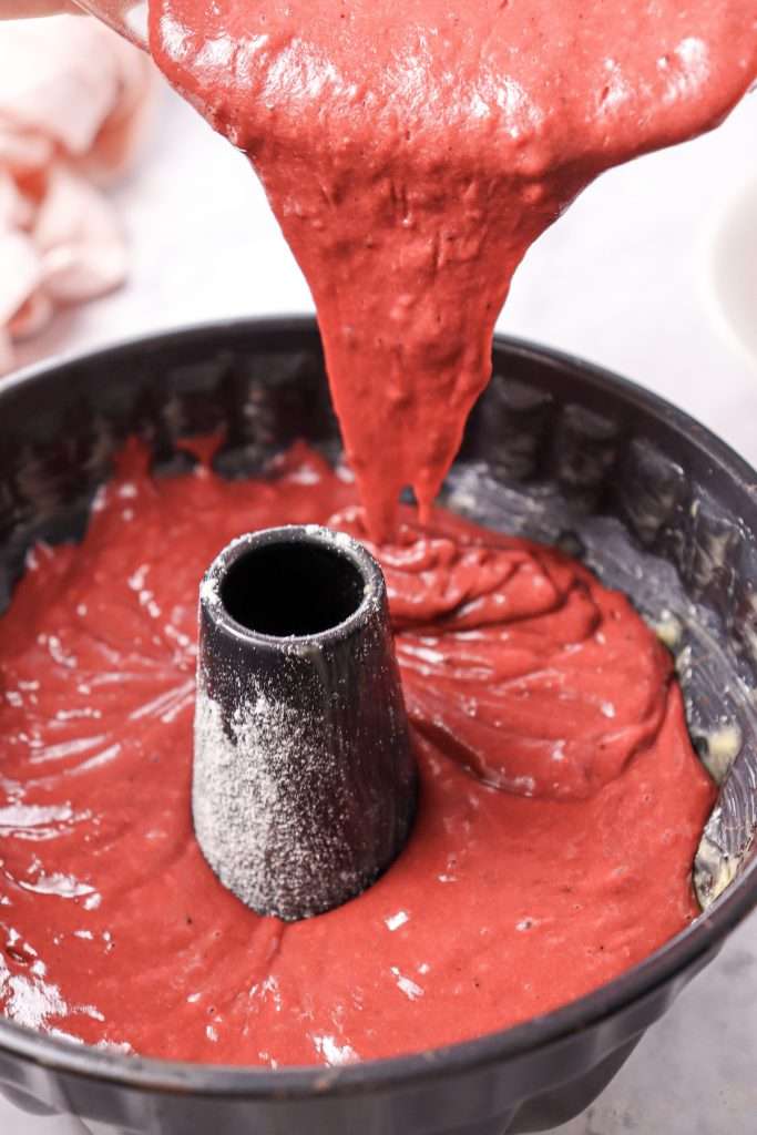 pour batter into prepared bundt pan