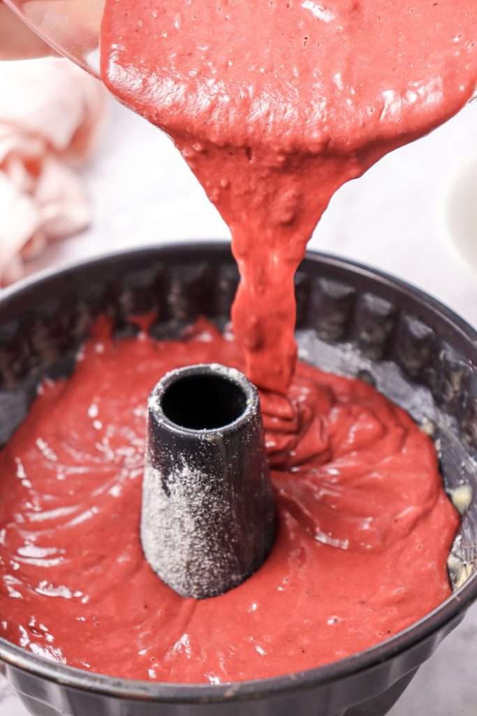 pour batter into prepared bundt pan