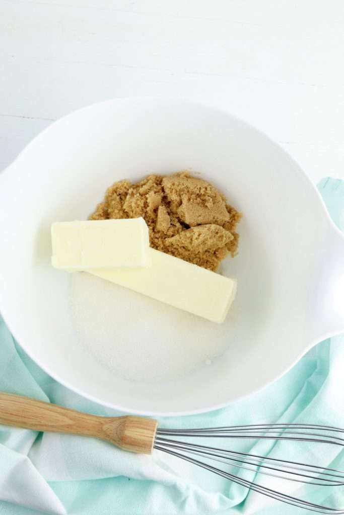 Cream butter and sugars together with a mixer