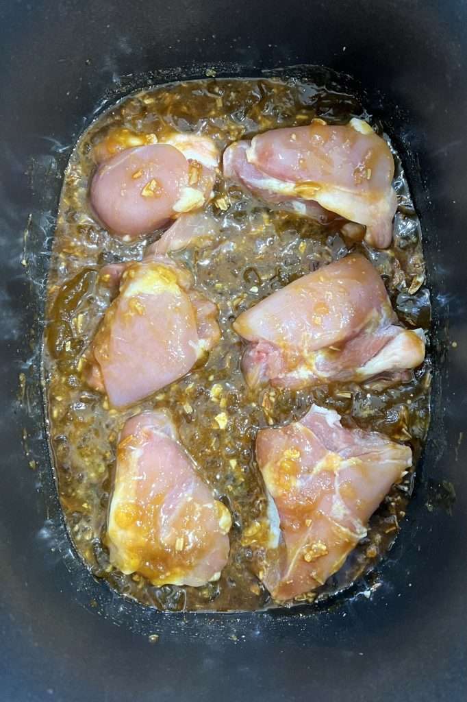 Place the chicken thighs in the sauce and stir to coat