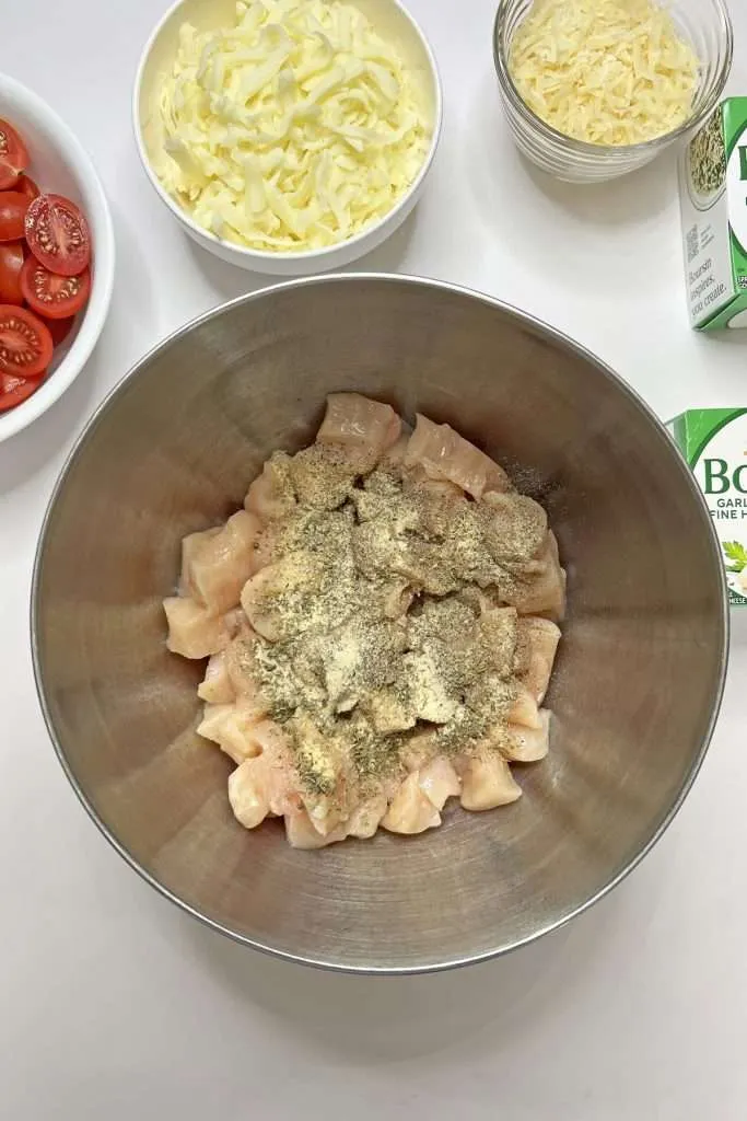 Cut chicken into bite sized pieces