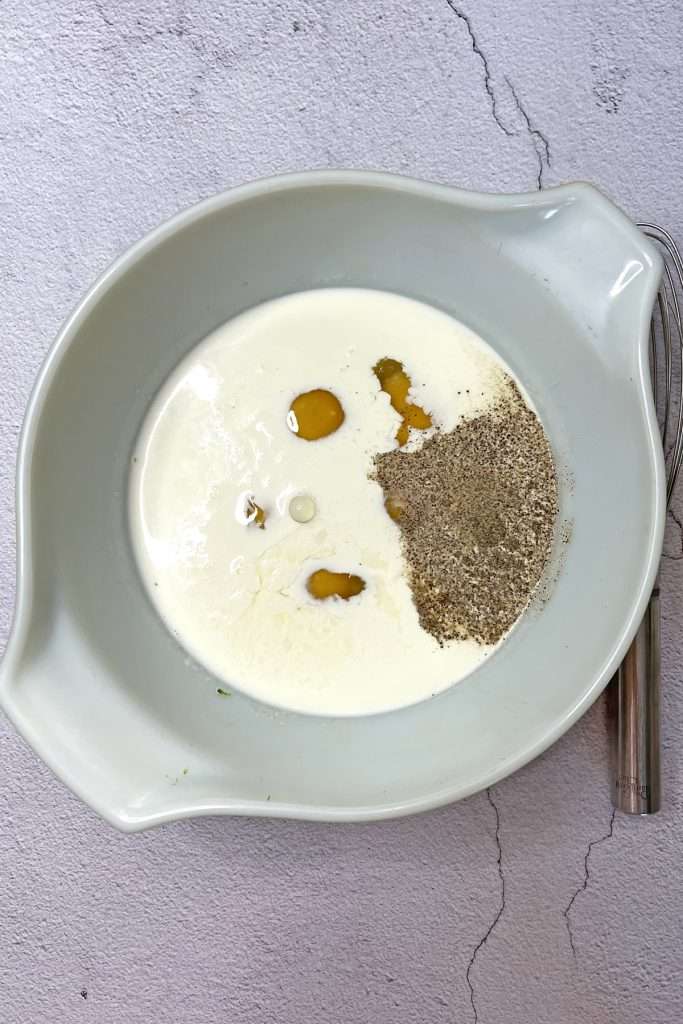 Combine eggs, milk, cream, and seasonings.