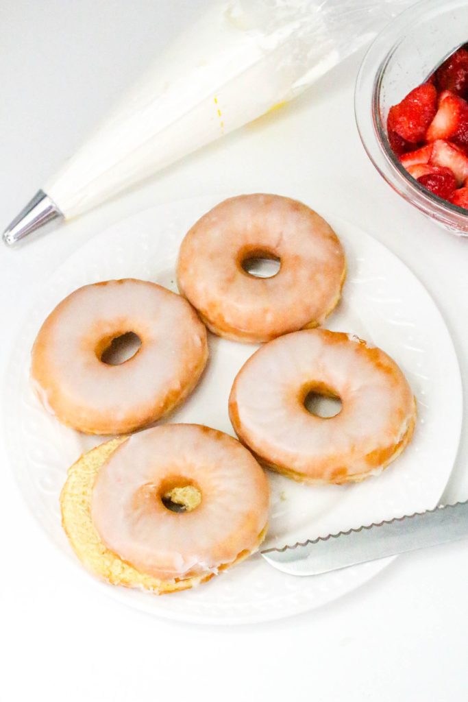 Slice each donut in half like a sandwich.