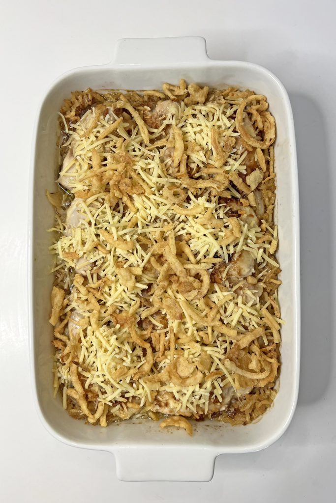 Top with shredded gruyere cheese and french fried onions.