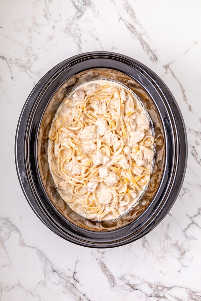 Chicken Fettuccine Alfredo in a crockpot.