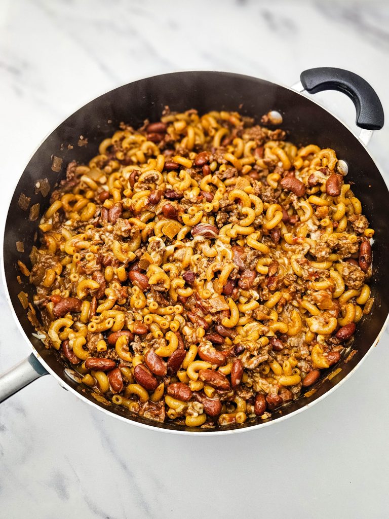 Chili mac in a skillet.