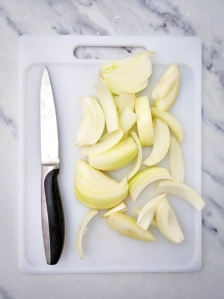 Onion cut into thin strips.