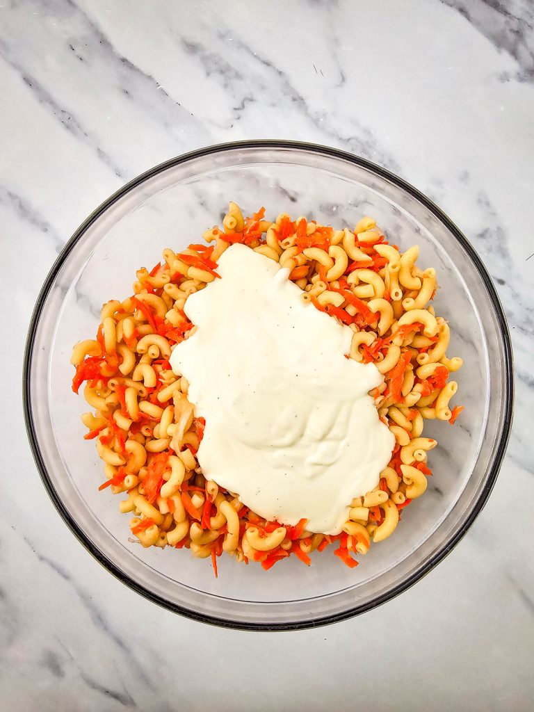 Hawaiian macaroni salad before mixing.