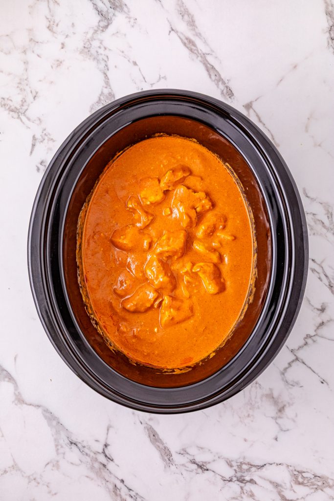 Butter chicken in a crockpot.