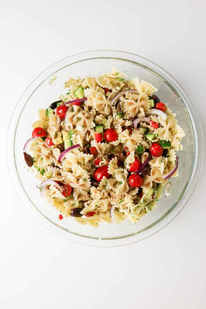 Pour dressing over tossed salad.